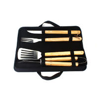 4 Piece BBQ Grill Tool Set With Stainless Steel And Wooden Handle